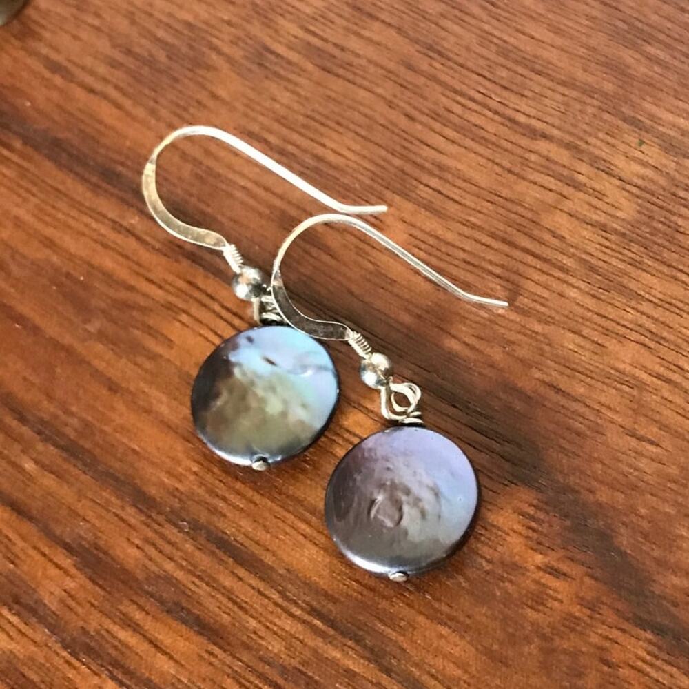 Artisan semiprecious dark peacock coin pearl dangle drop earrings